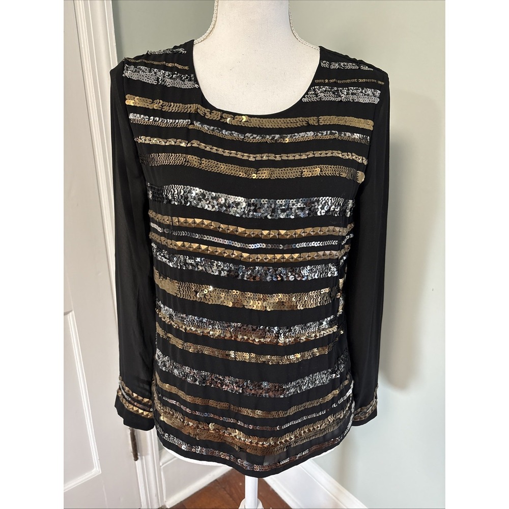 NWT Piperlime Black Gold Silver Sequin‎ Beaded Striped Blouse Top Size XS